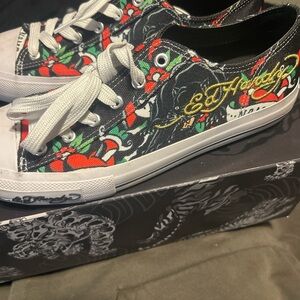 Ed Hardy Black Sneakers with Vibrant Floral Graphics